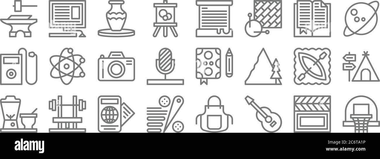 Hobbies Linie Symbole. Lineare Set. Qualität Vektor-Linie Set wie Basketball, Gitarre, Flipper, Entsafter, Kanufahren, Kamera, Astronomie, Imkerei, Blogging Stock Vektor