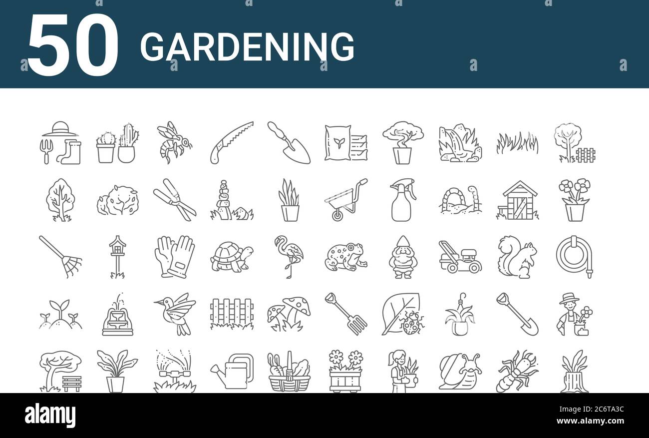 Set von 50 Gartenarbeit Symbole. Umreißen dünne Linie Symbole wie Baumstumpf, Bank, Sprossen, Rechen, Baum, Kaktus, Kröte, Dünger, Handschuh, Pik Stock Vektor