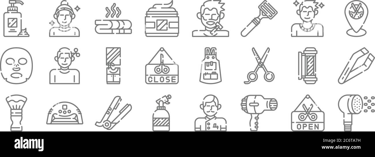 Friseur-und Friseur-Linie Symbole. Lineare Set. Qualität Vektor-Linie Set wie Duschkopf, Fön, Spray, Pinsel, Friseursalon, Bad Kabine Stock Vektor