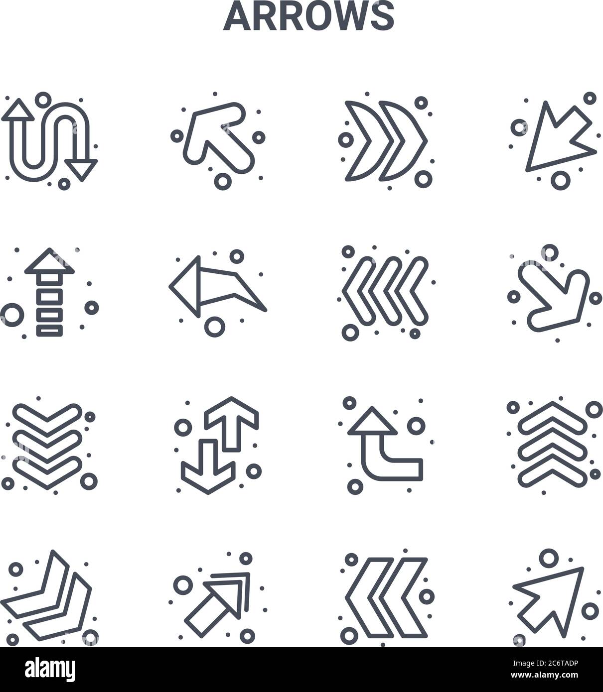 Satz von 16 Pfeilen Konzept Vektorlinien Symbole. 64x64 dünne Strichsymbole wie Linksdrehung, Aufwärtspfeil, Kurvenpfeil, Aufwärtspfeil, Doppelchevron, drei ar Stock Vektor