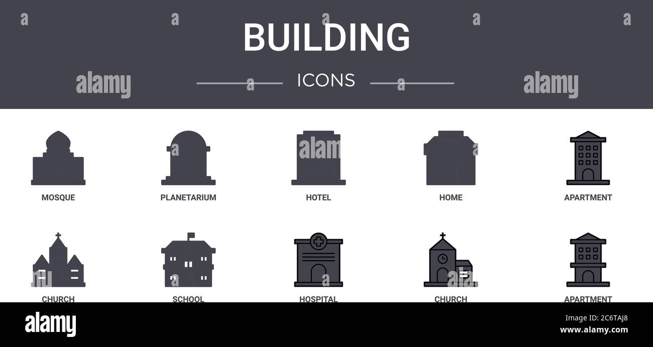 Building Concept Line Icons Set. Enthält Icons für Web, Logo, ui/ux wie Planetarium, Haus, Kirche, Krankenhaus, Kirche, Wohnung, Wohnung, Stock Vektor