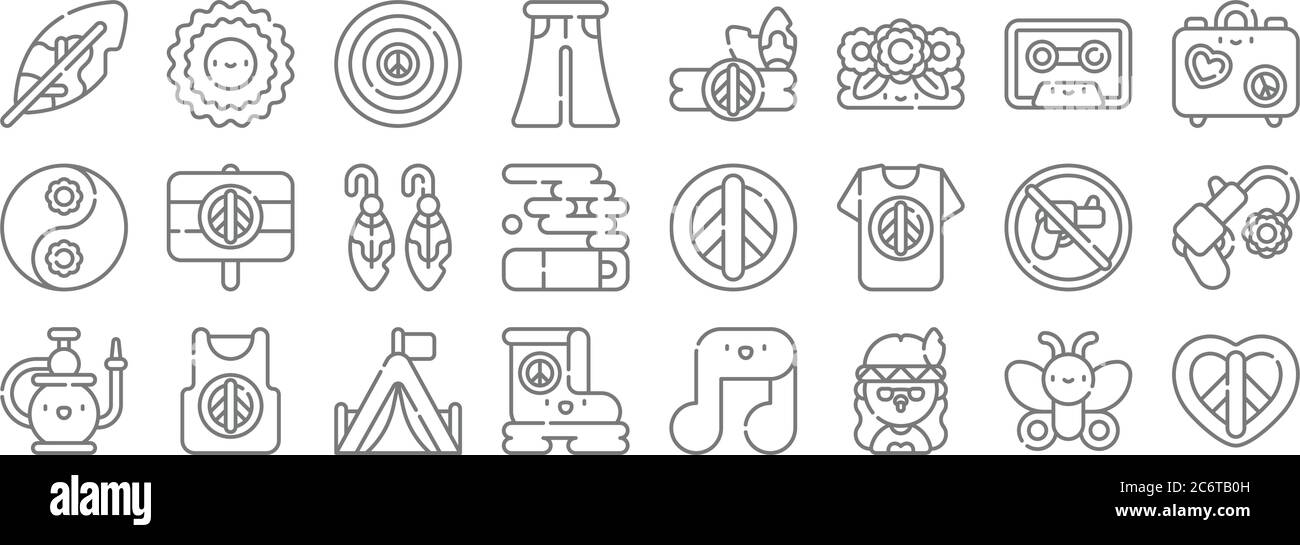 Hippies Linie Symbole. Lineare Set. Qualität Vektor-Linie Set wie Frieden, Hippies, Stiefel, Shisha, keine Waffen, Ohrringe, Hippies, Stirnband, Sonne Stock Vektor