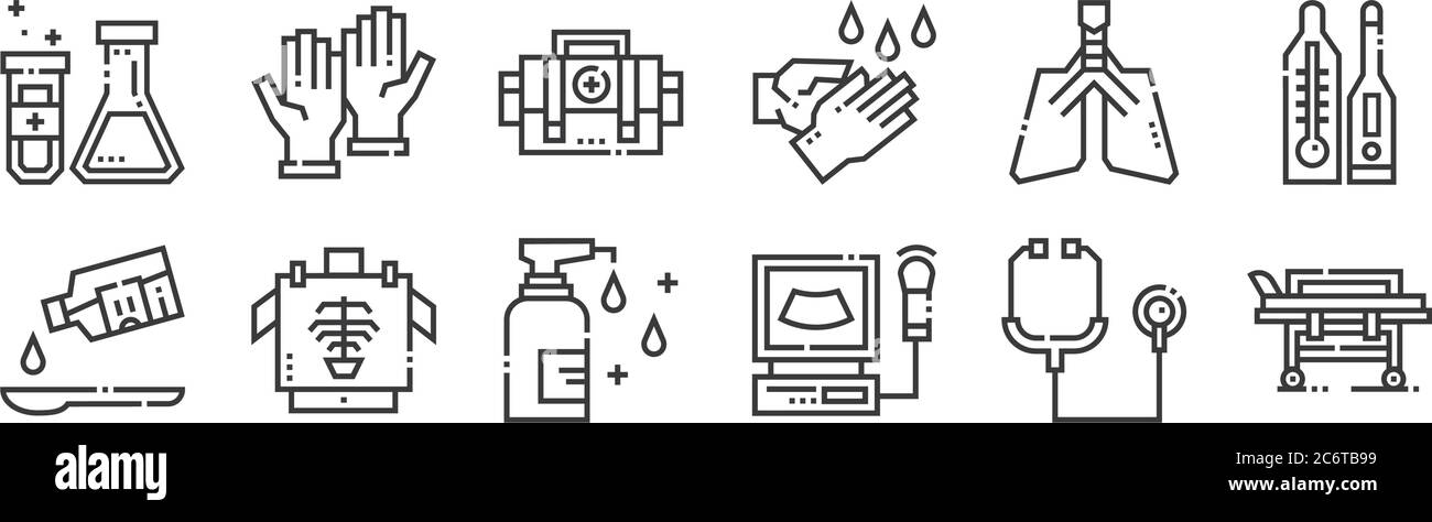 12 Satz von linearen medizinischen Dienstleistungen Symbole. Dünne Umrisssymbole wie medizinische Bahre, Elektrokardiogramm, Röntgenstrahlen, Lungen, erste-Hilfe-Tasche, Gummihandschuhe Stock Vektor