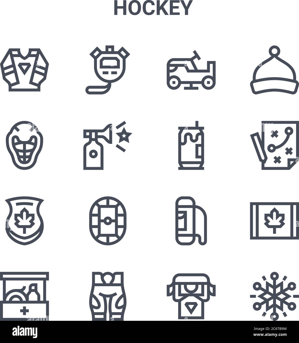 Set von 16 Hockey Konzept Vektor-Linien-Symbole. 64x64 dünne Schlaganfall-Symbole wie Stoppuhr, Helm, Strategie, Tasche, Hose, Schneeflocken, Unterstützer, Bier kann, b Stock Vektor