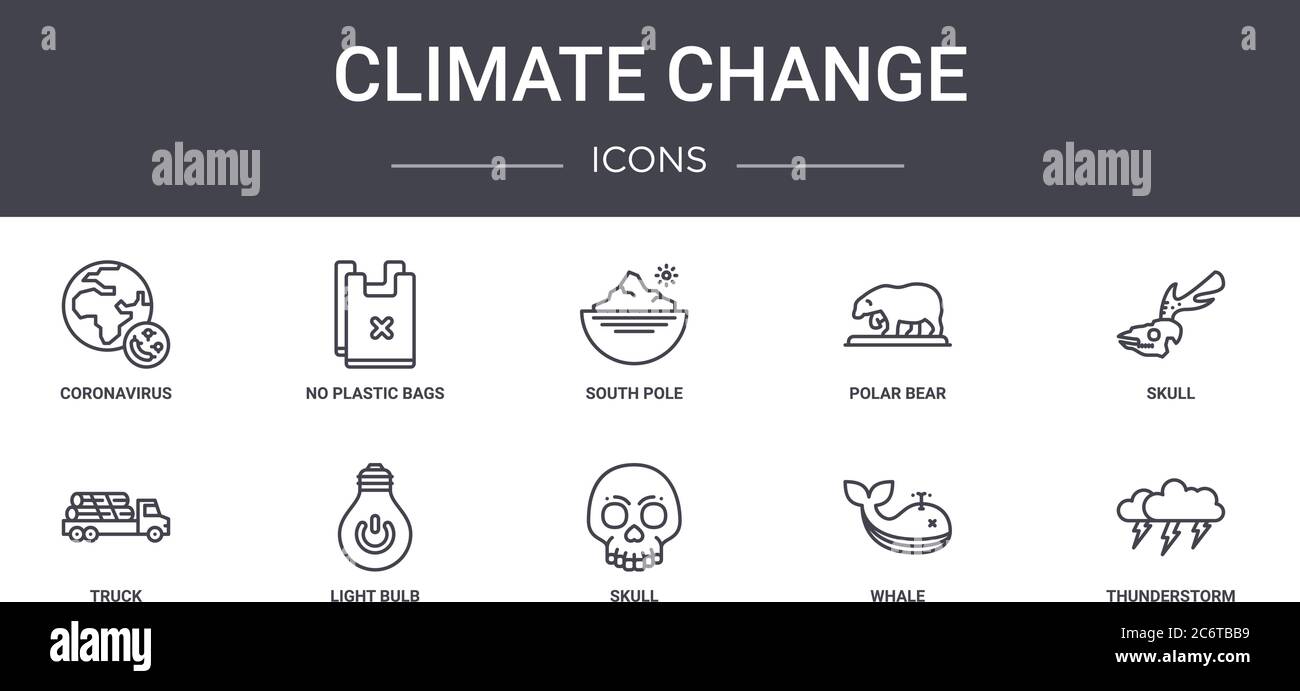 Klimawandel Konzept Linie Symbole Set. Enthält Symbole für Web, Logo, ui/ux wie keine Plastiktüten, Eisbär, LKW, Schädel, Wal, Thundersto Stock Vektor