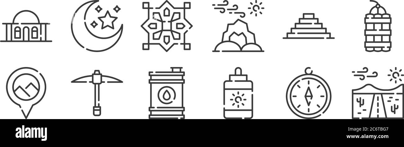 12 Satz von linearen Wüste Ikonen. Dünne Umrisssymbole wie Straße, Sonnencreme, Bergbau, Pyramide, Muster, Mond für Web, mobil Stock Vektor