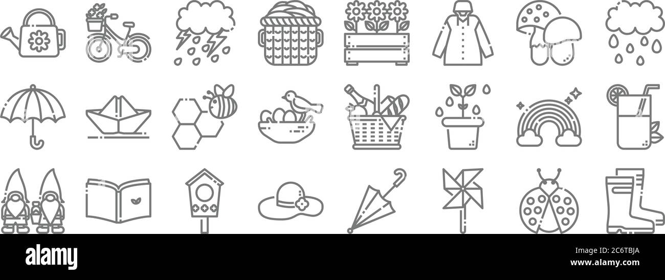 Frühling Saison Linie Symbole. Lineare Set. Qualität Vektor-Linie Set wie Stiefel, Windturbine, Hut, gnome, Regenbogen, Bienen, regnerisch, Blume, Fahrrad Stock Vektor