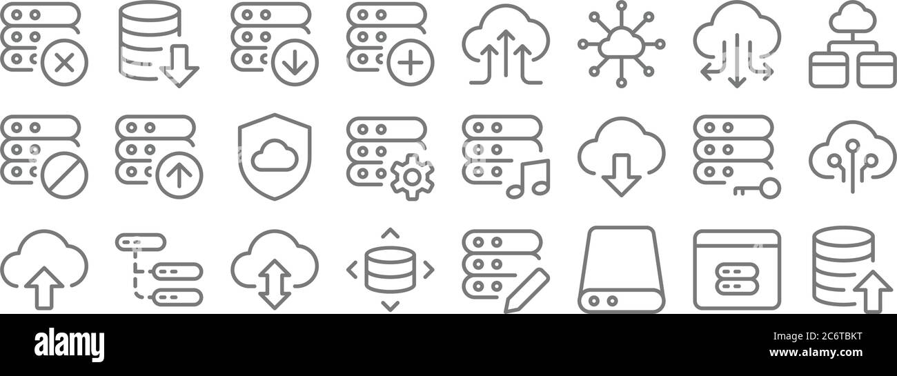 Arbeitsbüro Server-Linie Symbole. Lineare Satz. Qualität Vektor-Linie Satz wie Export, Datenbank-Speicher, Verschieben, Hochladen, Schlüssel, sicher, Cloud-Speicher, Uploa Stock Vektor