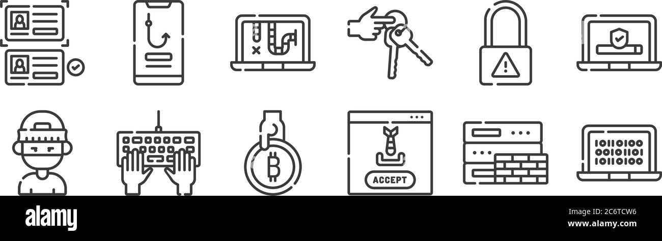 12 Satz von linearen Hacker-Symbole. Dünne Umrisssymbole wie Programmierung, Malware, Hacker, Cyber-Sicherheit, Malware, Phishing für Web, mobile Stock Vektor