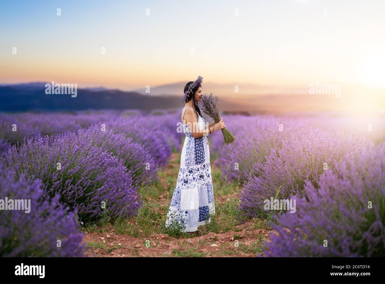 Junge Frau genießt die Aussicht und das Sonnenlicht auf ihrem Gesicht auf einem ländlichen Blumenfeld mit Lavendelblüten. Hochwertige Fotos Stockfoto