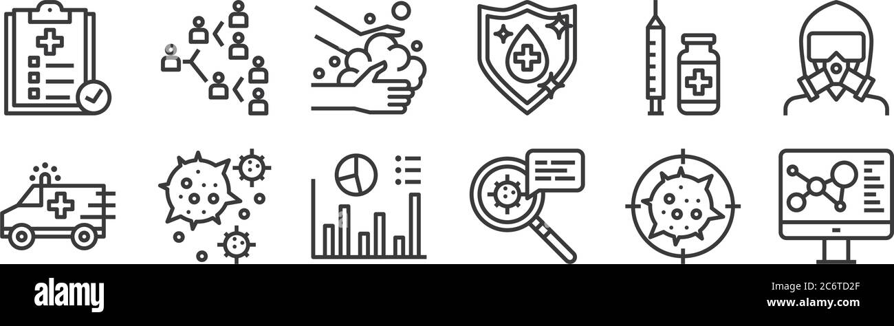 12 Satz von linearen infektiösen Pandemien Symbole. Dünne Umrisse Symbole wie medizinische Forschung, Informationen, Virus, Impfstoff, Handwäsche, infektiös für Web, Stock Vektor
