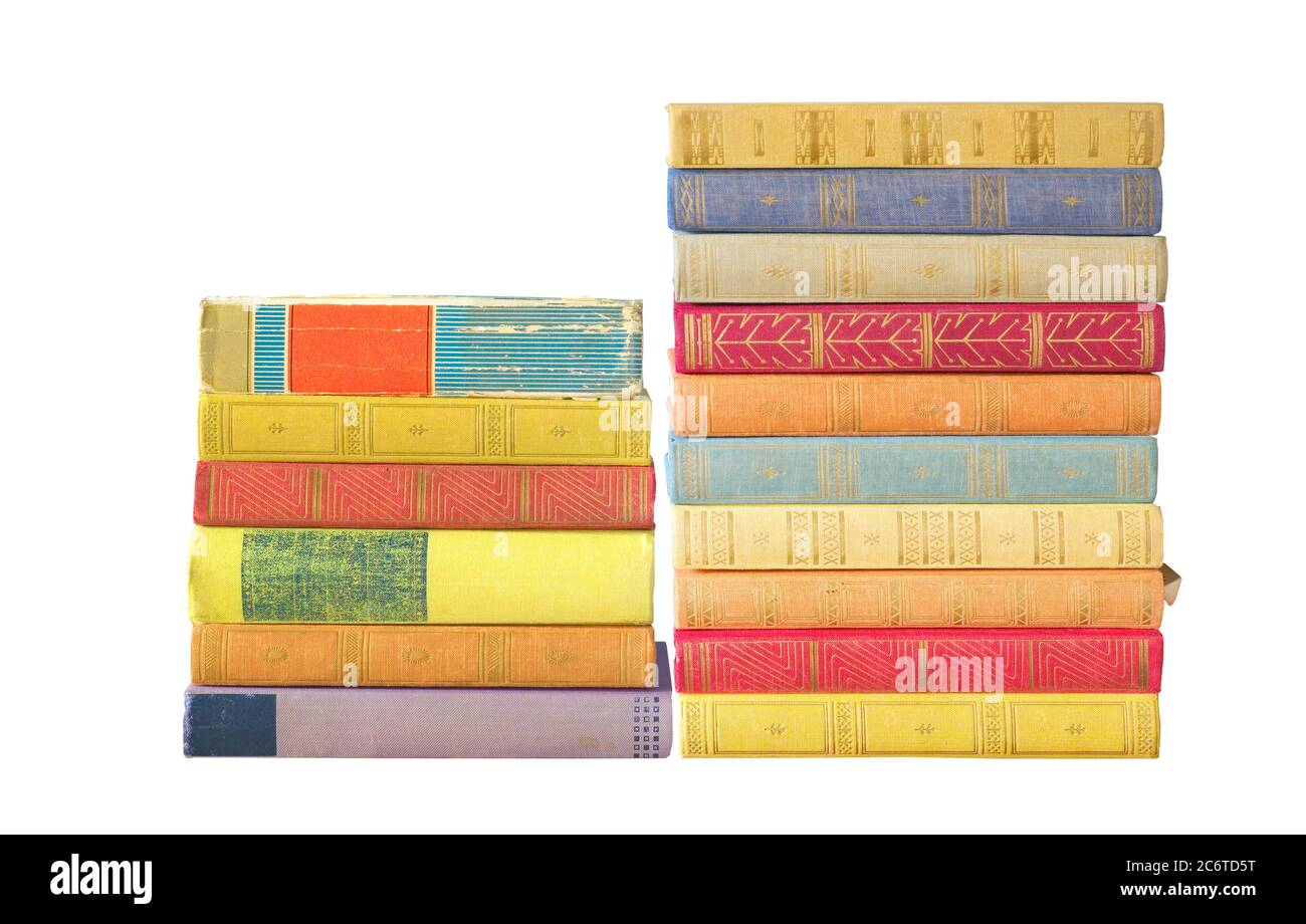 Stapel von Büchern isoliert auf weißem Hintergrund. Lesen, Bildung zu Hause, E-Learning, Home Schooling, Home Office Konzept. Corona Virus, covid-19 lockdo Stockfoto