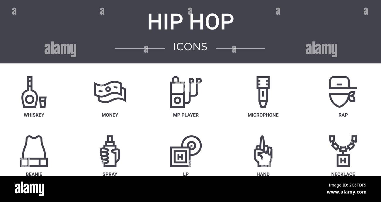 Hip Hop Concept Line Icons Set. Enthält Symbole für Web, Logo, ui/ux wie Geld, Mikrofon, Beanie, lp, Hand, Halskette, Rap, mp-Player Stock Vektor