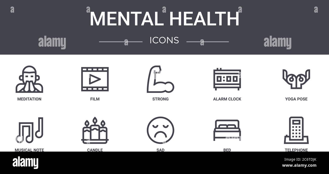 Geistige Gesundheit Konzept Linie Symbole Set. Enthält Symbole für Web, Logo, ui / ux wie Film, Wecker, musikalische Note, traurig, Bett, Telefon, Yoga po Stock Vektor