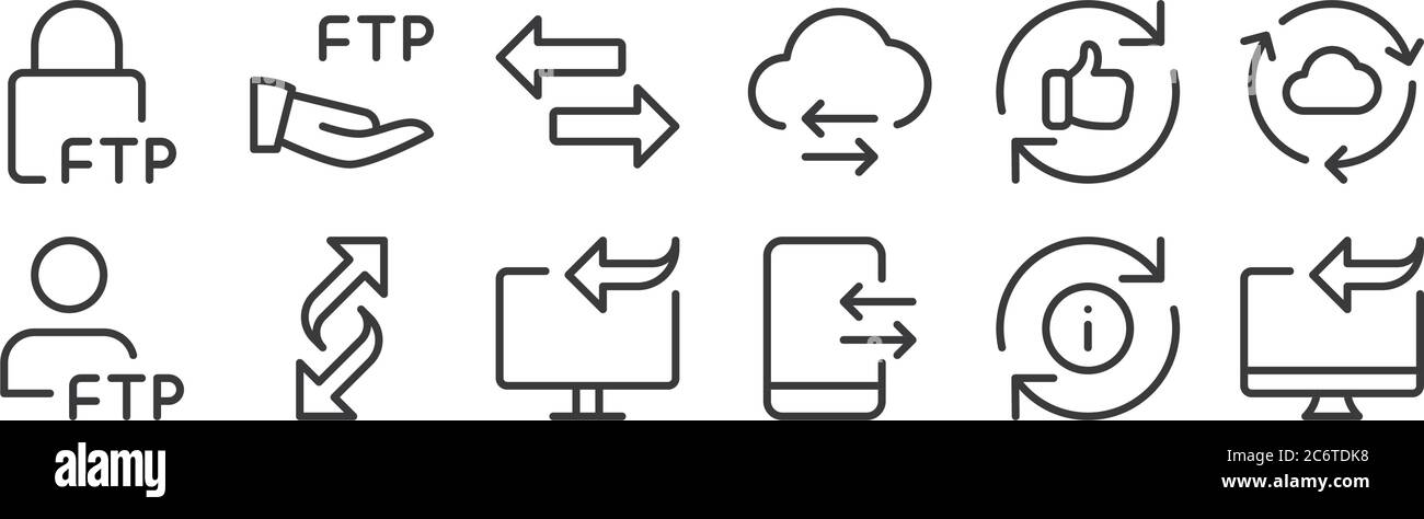 12 Satz von linearen Datentransfer-Icons. Dünne Umrisssymbole wie Übertragung, Übertragung, Übertragung, gutes Feedback, ftp für Web, mobil Stock Vektor