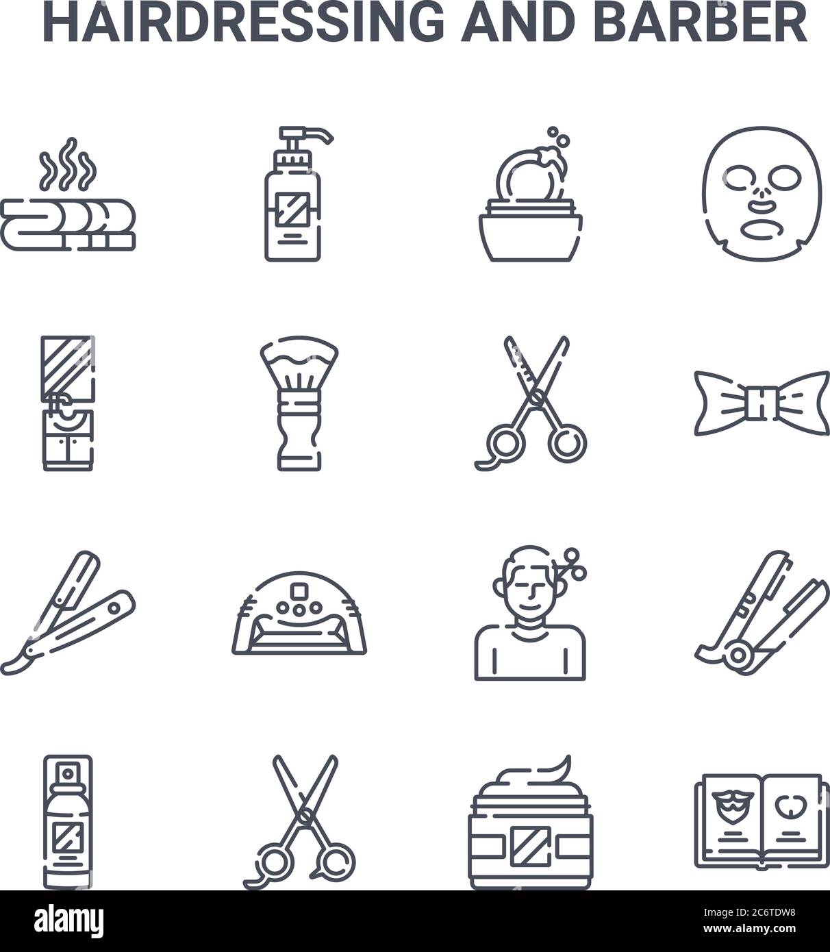 Set von 16 Friseur und Friseur Konzept Vektor-Linie Symbole. 64x64 dünne Striche Symbole wie Lotion, Badezimmerschrank, Fliege, Frisur, Schere, Bar Stock Vektor