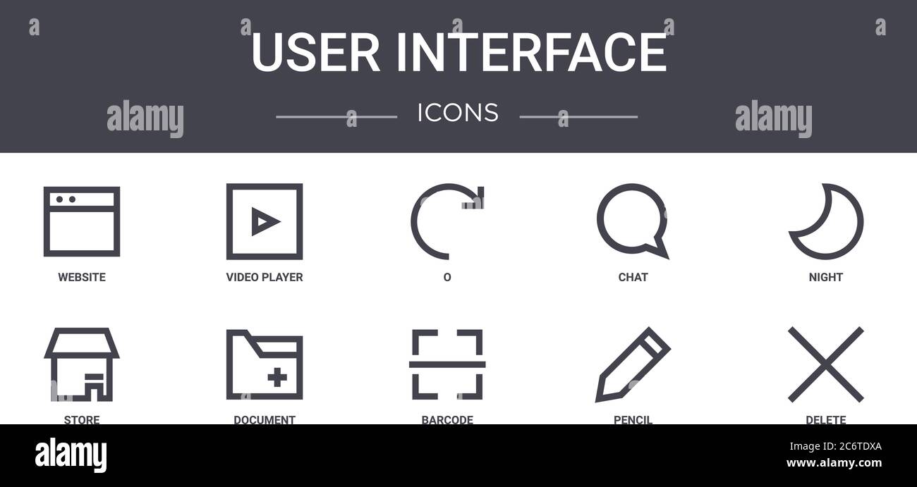 User Interface Concept Line Icons Set. Enthält Symbole für Web, Logo, ui/ux wie Video-Player, Chat, Shop, Barcode, Bleistift, löschen, Nacht, o Stock Vektor