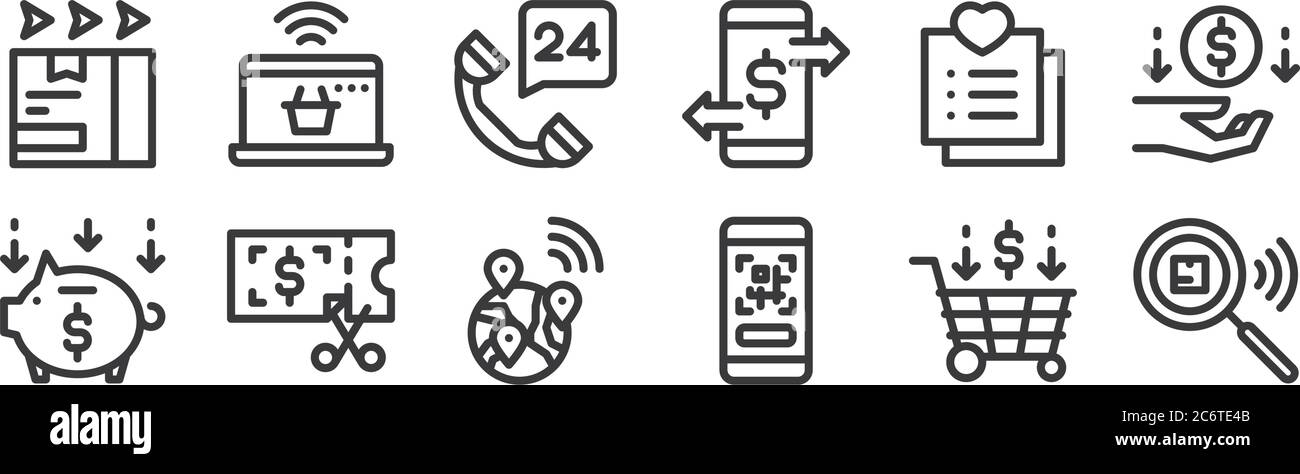 12 Satz von linearen E-Commerce-Icons. Dünne Umrisssymbole wie Paketprüfung, qr-Code, Gutschein, Wunschliste, Stunden, Online-Shopping für Web, Handy Stock Vektor