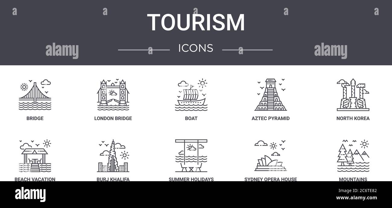 Tourismus Konzept Linie Symbole gesetzt. Enthält Symbole für Web, Logo, ui / ux wie london Bridge, aztec Pyramide, Strandurlaub, Sommerferien, sydn Stock Vektor