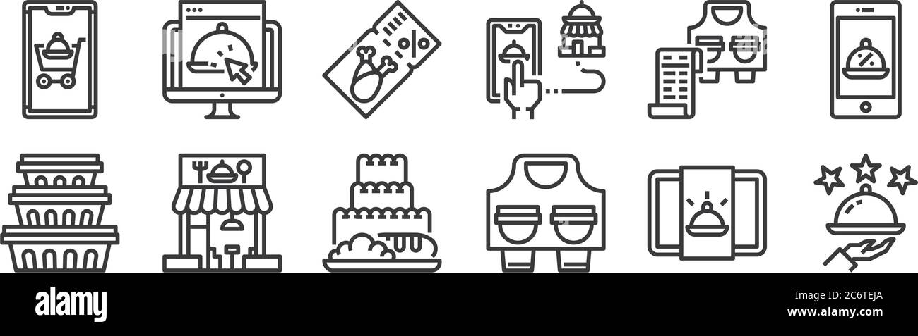 12 Satz von linearen Lebensmittel Lieferung Symbole. Dünne Umrisse Symbole wie Bewertung, Take Away, Shop, Rechnung, Gutschein, Bestellung für Web, mobil Stock Vektor