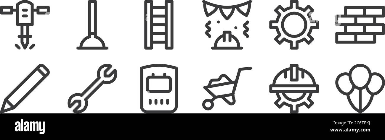 12 Satz von linearen Tag-Symbole. Dünne Umrisssymbole wie Ballons, Schubkarre, Schlüssel, Einstellungen, Leiter, Kolben für Web, mobil Stock Vektor