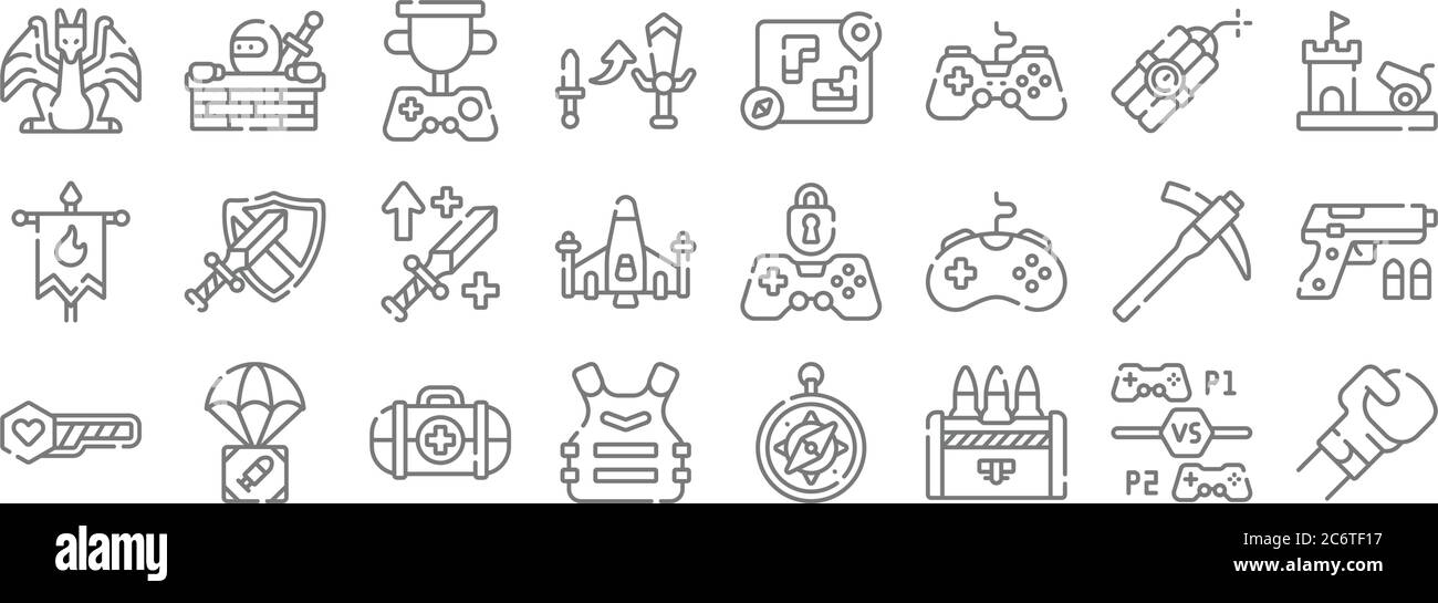 Videospiel Linie Symbole. Lineare Satz. Qualität Vektor-Linie Satz wie Kampfspiel, Munition, Rüstung, Gesundheit bar, Hacke, Buff, Kanone, Spielkarte, Action-Spiel Stock Vektor