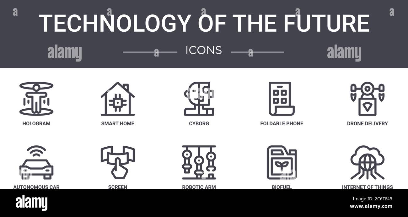 Technologie der Zukunft Konzept Linie Icons Set. Enthält Symbole für Web, Logo, ui/ux wie Smart Home, faltbares Telefon, autonomes Auto, roboti Stock Vektor