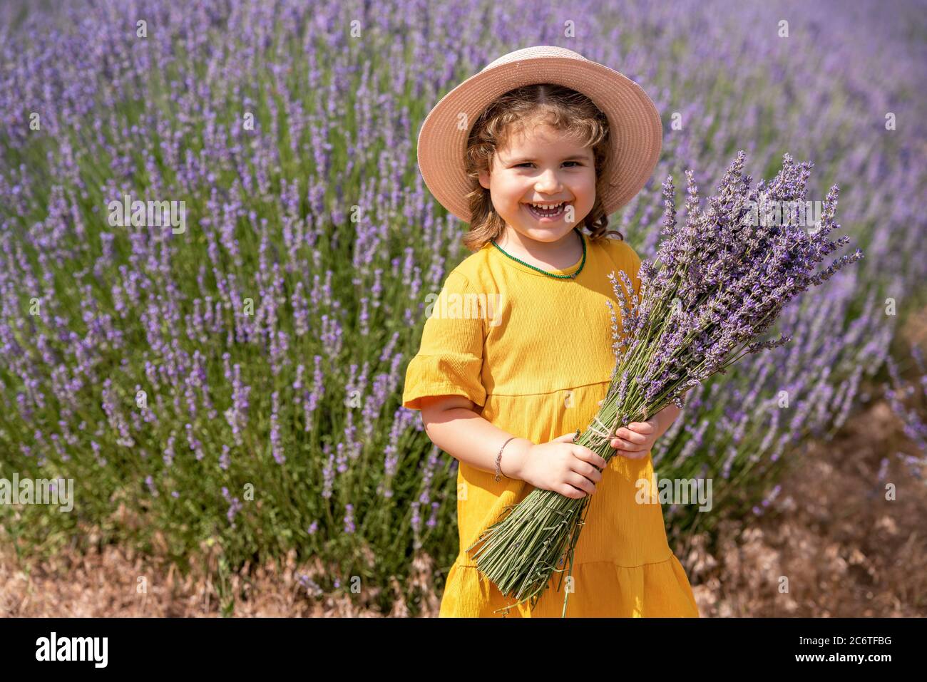 Ein kleines Mädchen genießt die Aussicht und hält einen Blumenstrauß auf ihrem Hend auf einem ländlichen Blumenfeld mit Lavendelblüten Stockfoto