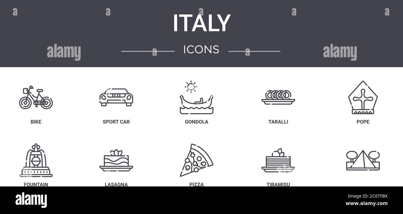 italien Concept Line Icons Set. Enthält Symbole für Web, Logo, ui/ux wie Sportwagen, Taralli, Brunnen, Pizza, Tiramisu, , Papst, Gondel Stock Vektor