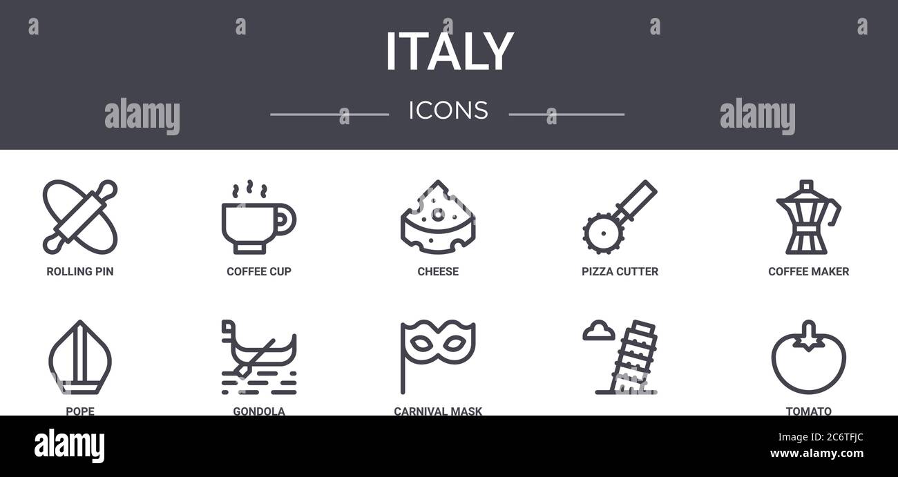 italien Konzept Linie Icons Set. Enthält Symbole für Web, Logo, ui / ux wie Kaffeetasse, Pizza Cutter, Papst, Karneval Maske, , Tomaten, Kaffeemaschine Stock Vektor