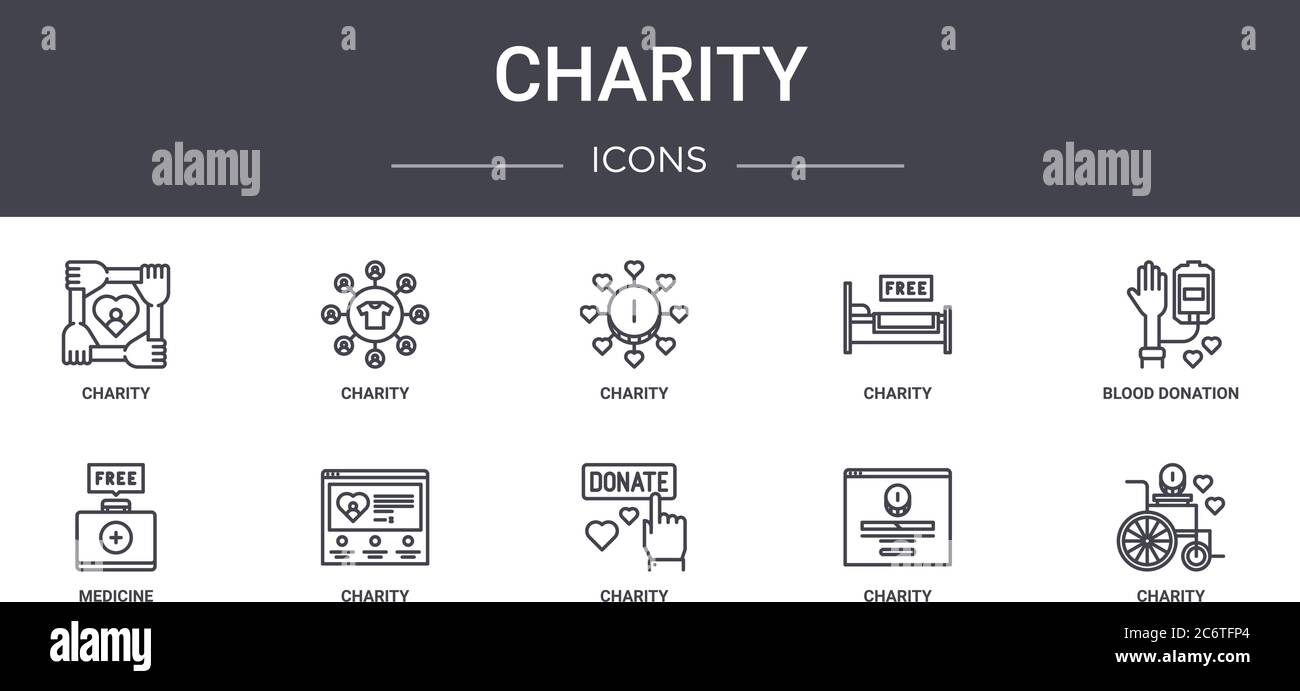 Charity Konzept Linie Symbole Set. Enthält Symbole für Web, Logo, ui / ux wie Charity, Charity, Medizin, Blutspende, Stock Vektor