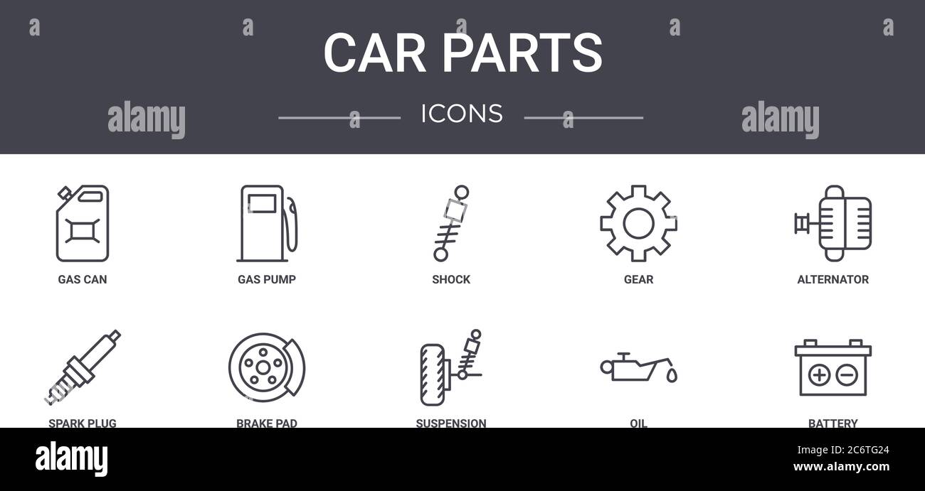 Car Parts Concept Line Icons Set. Enthält Symbole für Web, Logo, ui/ux wie Gaspumpe, Getriebe, Zündkerze, Federung, Öl, Batterie, Lichtmaschine, Stock Vektor