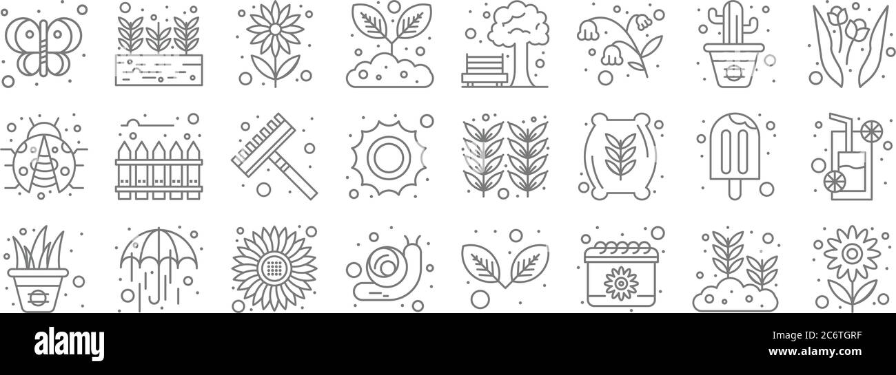 Frühling Linie Symbole. Lineare Satz. Qualität Vektor-Linie Satz wie Blume, Kalender, Schnecke, Grasblätter, Eis, Rechen, Garten, Park, wachsende Pflanze Stock Vektor