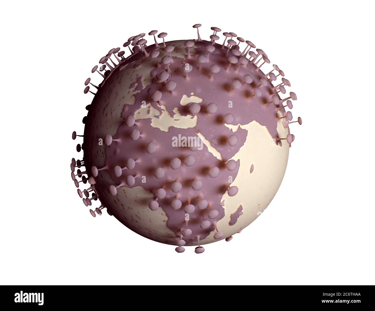 Planet Erde verwandeln sich in Viruszelle isoliert auf weißem Hintergrund. 3d-Illustration für Coronavirus oder COVID-19 Pandemie Stockfoto