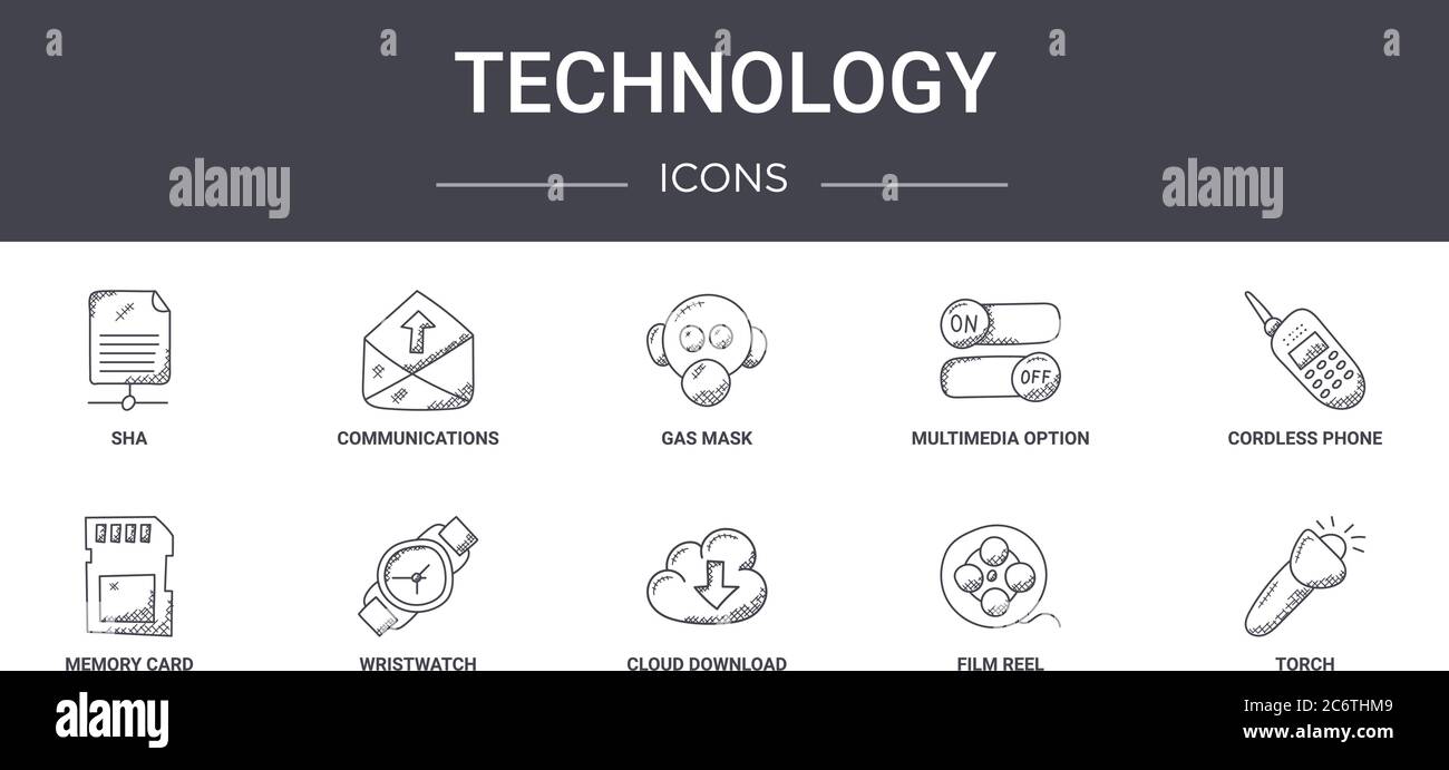 Technologie Konzept Linie Symbole gesetzt. Enthält Symbole für Web, Logo, ui / ux wie Kommunikation, Multimedia-Option, Speicherkarte, Cloud-Download, Stock Vektor