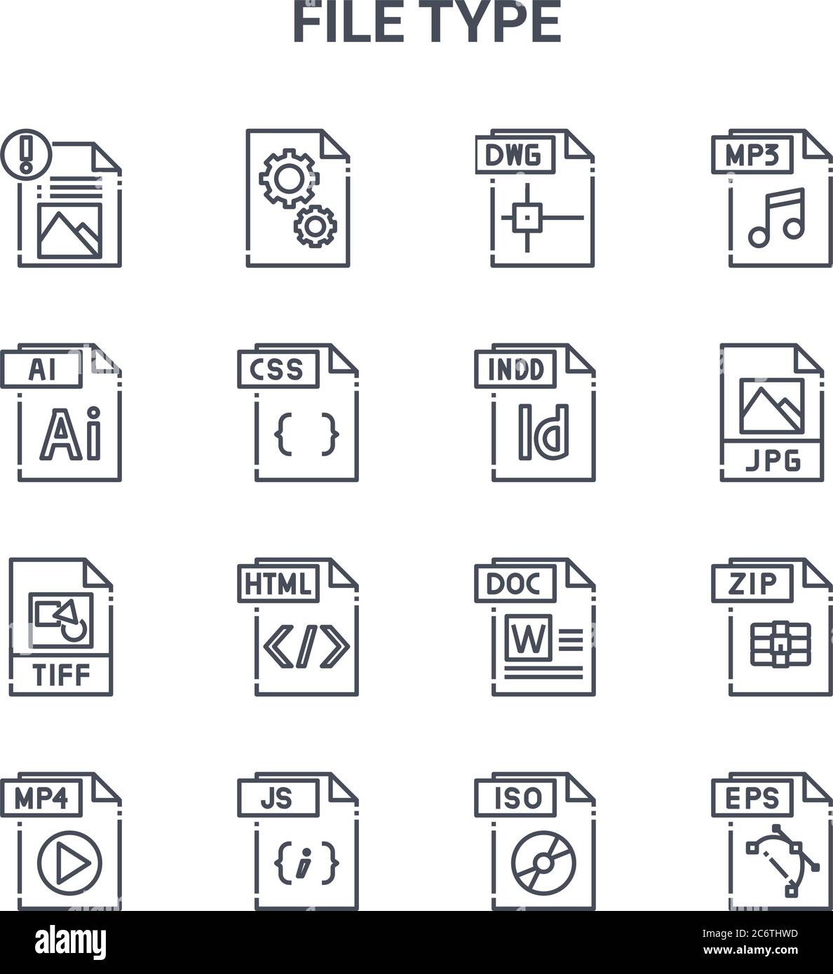 Satz von 16 Dateitypus Konzept Vektorlinien-Symbolen. 64x64 Thin stroke Symbole wie dll-Datei, ai-Datei, jpg doc js eps iso indd mp Stock Vektor