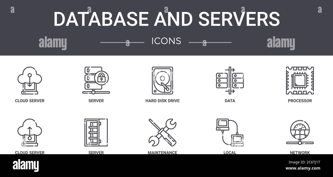 Datenbank und Server Concept Line Icons Set. Enthält Symbole für Web, Logo, ui/ux wie Server, Daten, Cloud-Server, Wartung, lokal, networ Stock Vektor