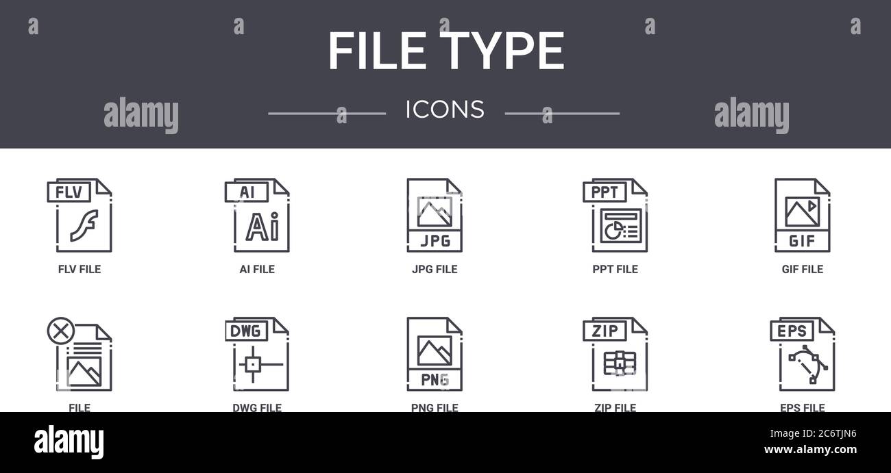 Dateityp Concept Line Icons Set. Enthält Symbole für Web, Logo, ui/ux wie ai-Datei, ppt-Datei, png zip eps gif jpg Stock Vektor