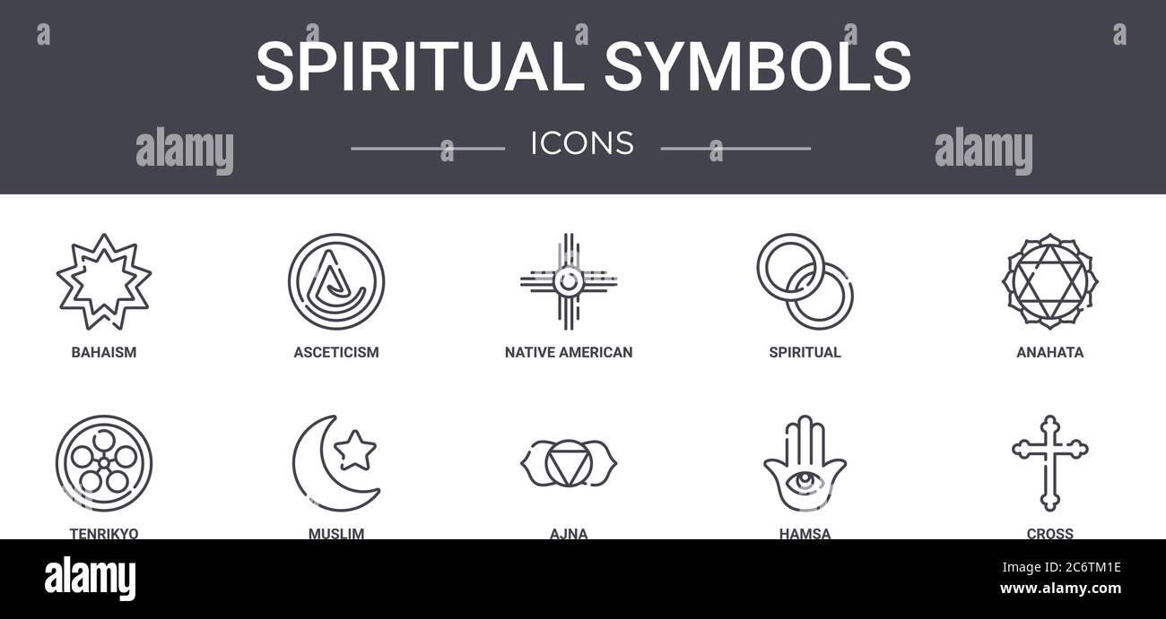 Spirituelle Symbole Konzept Linie Symbole Set. Enthält Symbole für Web, Logo, ui/ux wie Askese, spirituell, tenrikyo, ajna, hamsa, Kreuz, anah Stock Vektor