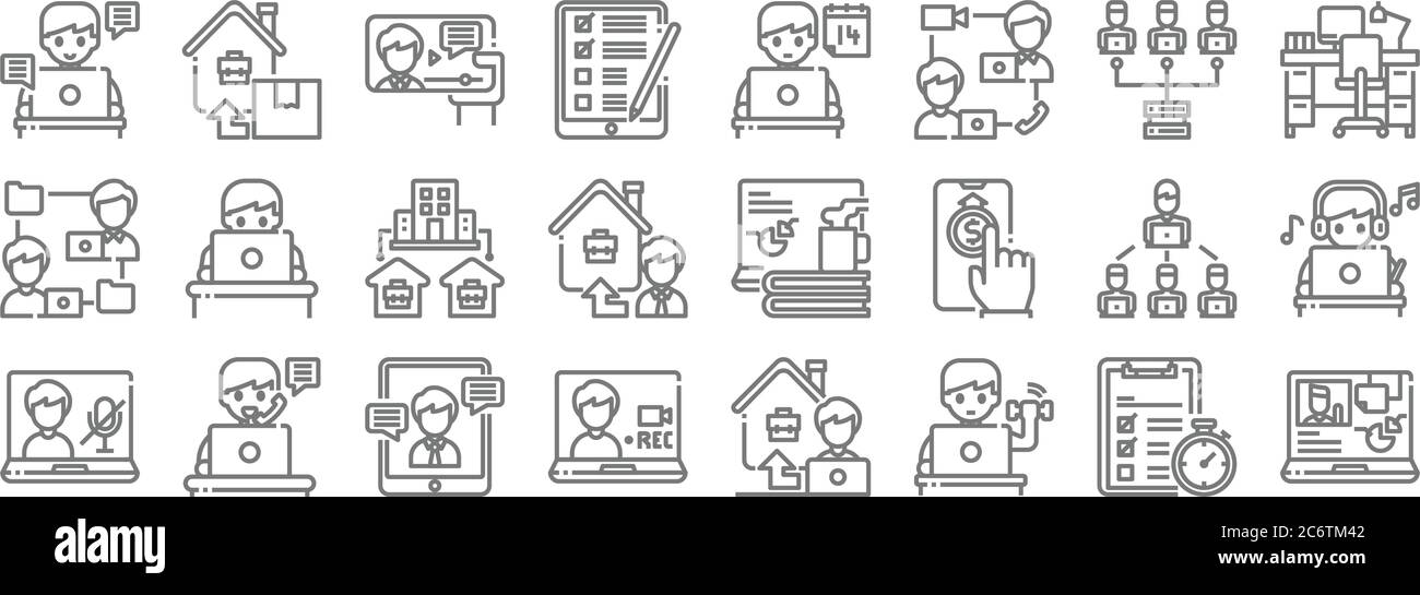 Home Line Symbole. Lineare Satz. Qualität Vektor-Linie Set wie Videoanrufe, Übung, Aufnahme, Stummschaltung, Teamarbeit, Netzwerk, Schreibtisch, Kalender, Haus liefern Stock Vektor