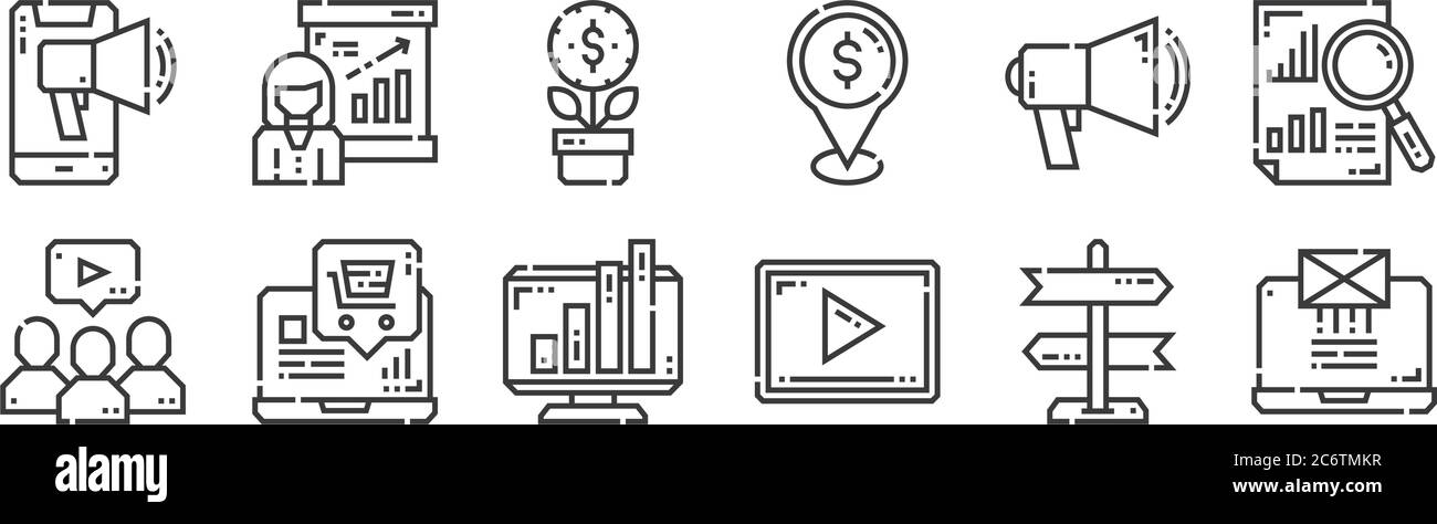 12 Satz von linearen Marketing-Symbole. Dünne Umrisssymbole wie E-Mail, Video-Marketing, E-Commerce, Marketing, Investitionen, Präsentation für Web, mobile Stock Vektor
