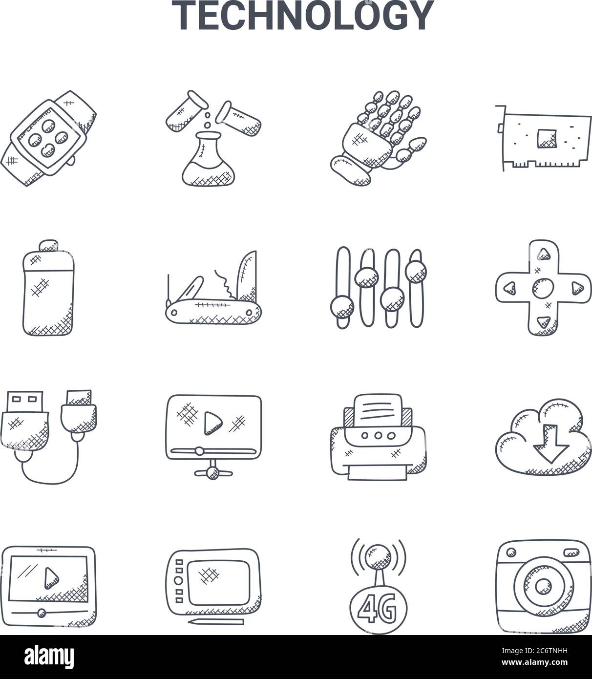 Satz von 16 Technologiekonzept Vektorlinien-Symbolen. 64x64 dünne Strichikonen wie Experimente, Akku, Multimedia-Steuerungen, Drucker, Grafik-Tablet, wa Stock Vektor