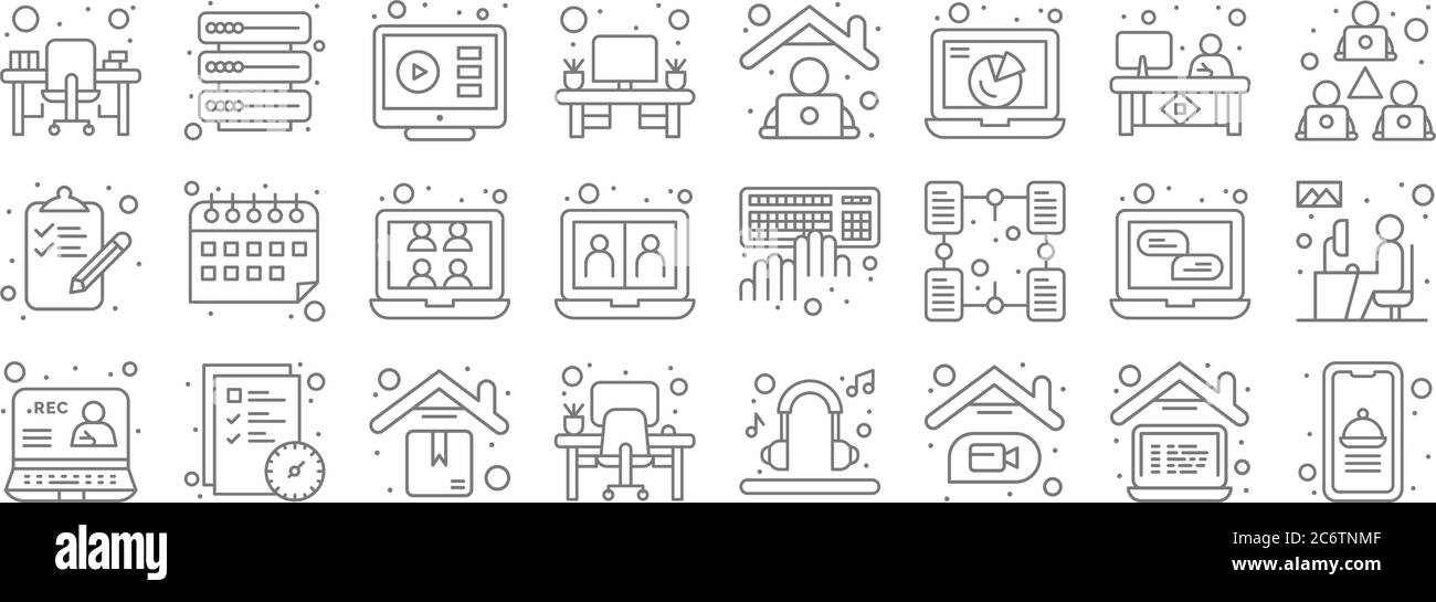 Home Line Icons. Lineare Set. Qualität Vektor-Linie Set wie Lebensmittel-App, Videoanruf, Schreibtisch, Aufnahme, Kommunikation, , Teamarbeit, Mitarbeiter, Datenab Stock Vektor