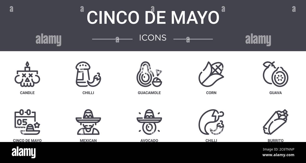 cinco de Mayo Concept Line Icons Set. Enthält Symbole für Web, Logo, ui/ux wie Chili, Mais, Cinco de Mayo, Avocado, Chili, Burrito, Guava, Stock Vektor