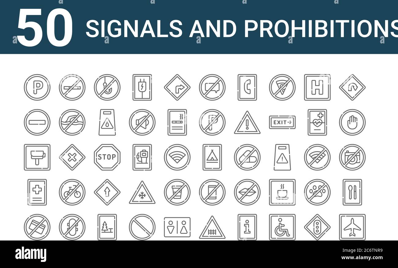 Set von 50 Signalen und Verbote Symbole. Skizzieren dünne Linie Symbole wie Flughafen, keine Cit-Karte, Krankenhaus, Radar, verboten, Rauchen, Camping Stock Vektor