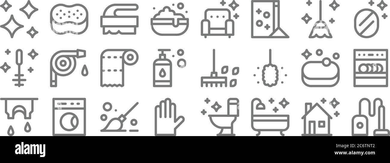 Reinigungs-Linie Symbole. Lineare Set. Qualität Vektor-Linie Set wie Staubsauger, Bad, Handschuh, Kleidung, Seife, Papiertuch, Spiegel, Sessel, Schwamm Stock Vektor
