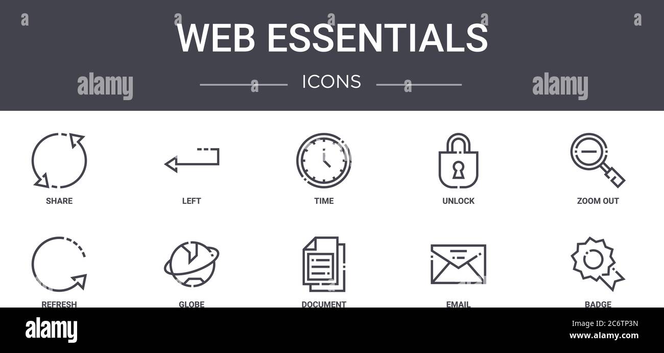 Web Essentials Concept Line Icons Set. Enthält Symbole für Web, Logo, ui/ux wie links, entsperren, aktualisieren, Dokument, E-Mail, Badge, Zoom out, tim Stock Vektor