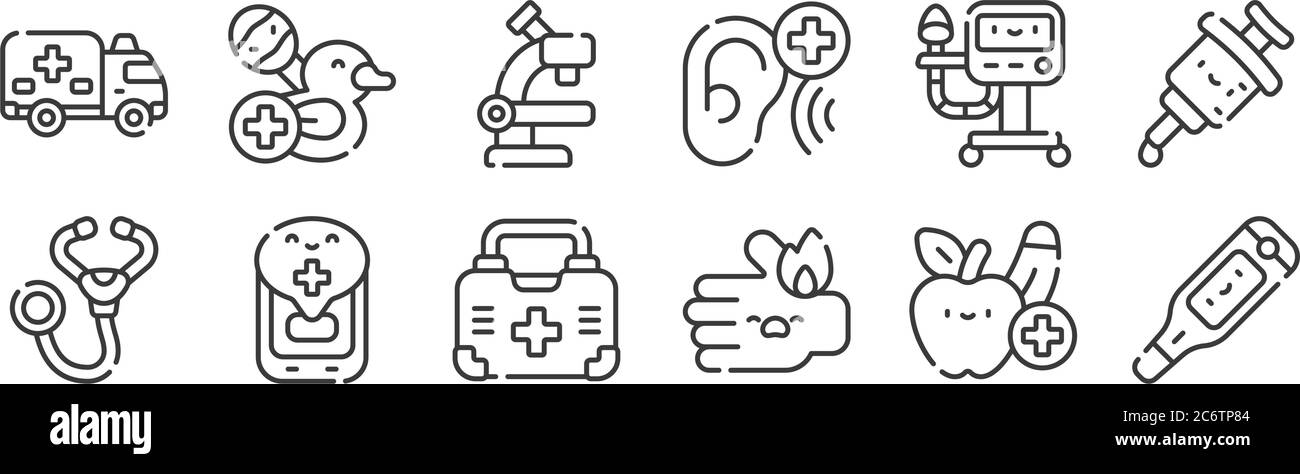 12 Satz von linearen medizinischen Dienstleistungen Symbole. Dünne Umrisse Symbole wie Thermometer, brennen, medizinische App, Lüftung, Mikroskop, Pädiatrie für Web, mobil Stock Vektor