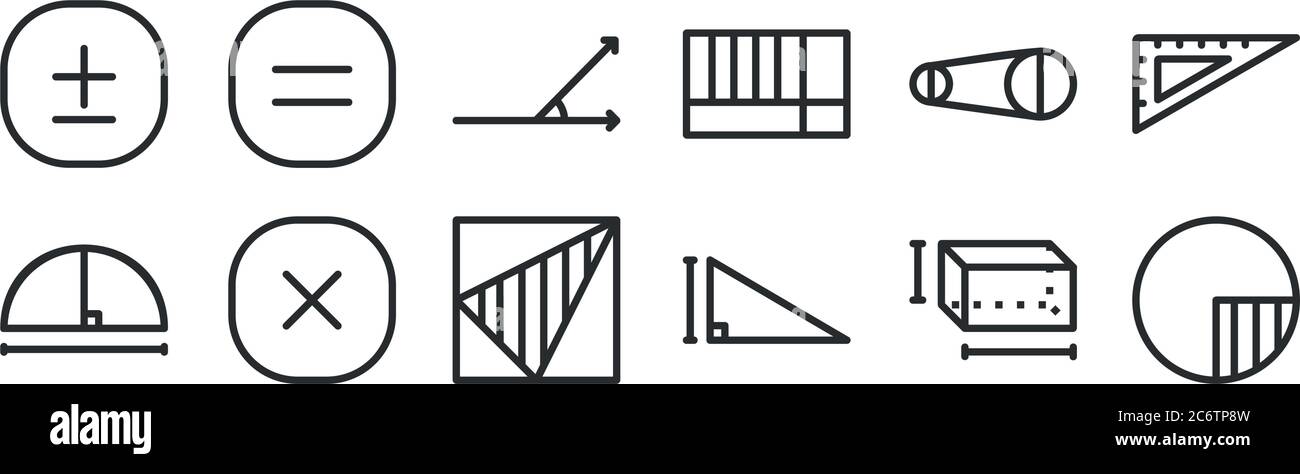 Set von 12 dünnen Umrisssymbolen wie Kreis, Dreieck, Multiplikation, Durchmesser, akuter Winkel, gleich für Web, mobil Stock Vektor