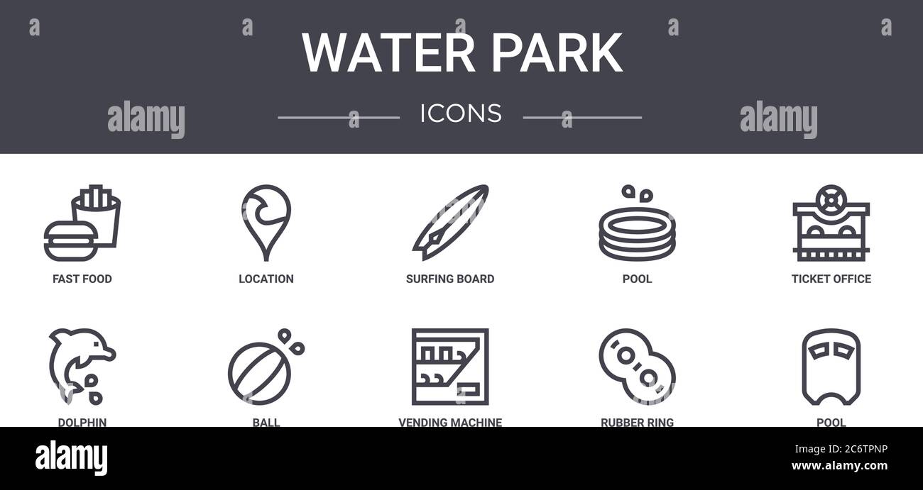 Wasserpark Konzept Linie Symbole gesetzt. Enthält Symbole für Web, Logo, ui / ux wie Standort, Pool, Delphin, Verkaufsautomat, Gummiring, Pool, tic Stock Vektor